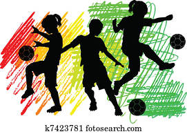 futebol, silhuetas, crianças, meninos, meninas