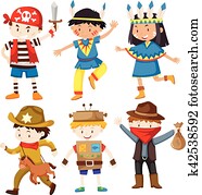 gyerekek, alatt, különböző, jelmezbe öltöztet