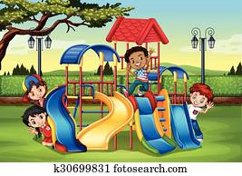 kinder, spielen, in, dass, spielplatz kinder, spielen, in, dass, spielplatz