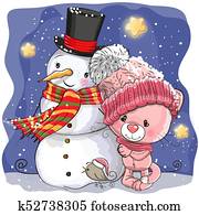 Snowman and Cute Cartoon kitten girl Snowman and Cute Cartoon kitten girl