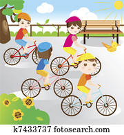 familia, bicicleta que cabalga, en el parque