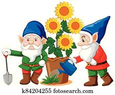 Gnomes with flower pot in cartoon style on white background Gnomes with flower pot in cartoon style on white background
