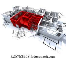 Red apartment mockup on blueprints Red apartment mockup on blueprints