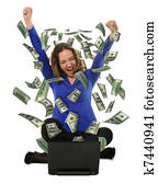 The woman in front of the laptop with fly out dollars