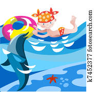 女の子 ピアノを弾く 中に A 殻 で A イルカ Fish そして A カニ クリップアート 切り張り イラスト 絵画 集 U Fotosearch