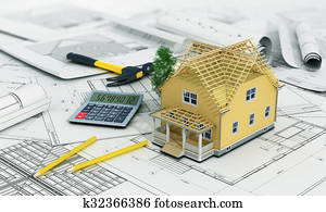 Concept of construction and architect design. 3d render of house in building process with tree, calculator and pencils on the blurred blueprints. We see constituents of roof frame and insulation layer.