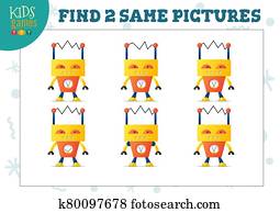 Find two same pictures kids game vector illustration. Find two same pictures kids game vector illustration.