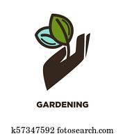 gartenarbeit, pflanze, blatt, in, hand, vektor, symbol gartenarbeit, pflanze, blatt, in, hand, vektor, symbol