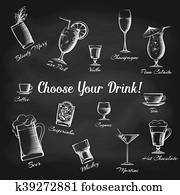 hand, gezeichnet, cocktails, satz, auf, tafel hand, gezeichnet, cocktails, satz, auf, tafel