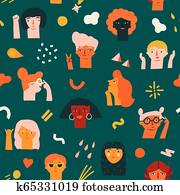 International women day 8 of March seamless pattern with various of women faces different race, age and profession. Feminism illustration collection.