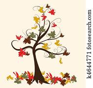 abstratos, árvore, com, outono sai, vetorial, ilustração