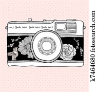 Background with retro camera. Vector illustration. Photo camera with flowers and birds. Camera with floral pattern. Background with retro camera. Vector illustration. Photo camera with flowers and birds. Camera with floral pattern.
