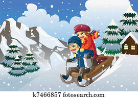 crianças, sledding, em, a, neve