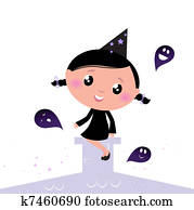 cute, liden, heks halloween, hos, genfærd, isoleret, på hvide