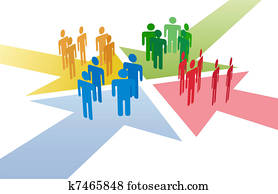 gente, conectar, encontrar, en, flechas, punto de la reunión