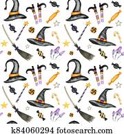 Happy Halloween seamless pattern with wich hat, broom, Magic wand, candy sweets party decorations. Watercolor Cartoon background illustration. Halloween spooky cemetery scrapbook paper. Happy Halloween seamless pattern with wich hat, broom, Magic wand, candy sweets party decorations. Watercolor Cartoon background illustration. Halloween spooky cemetery scrapbook paper.