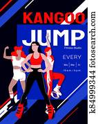Kangoo jump high intensity interval training class advertisement poster template. Females in sport outfit and bounce shoes doing knee up jump, jumping jack exercises. Cardio fitness and weight loss. Kangoo jump high intensity interval training class advertisement poster template. Females in sport outfit and bounce shoes doing knee up jump, jumping jack exercises. Cardio fitness and weight loss.