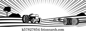 Agricultural tractor and round hay bales in rural landscape with hills and fields. Agricultural tractor and round hay bales in rural landscape with hills and fields.