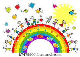 Doodle kids playing on a rainbow Doodle kids playing on a rainbow