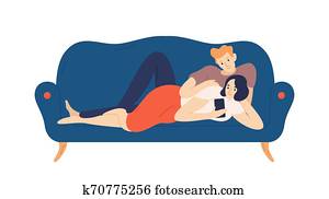 Lovely boy and girl lying on cozy couch and surfing internet o smartphone. Cute couple on comfy sofa. Young man and woman relaxing together at home in evening. Flat cartoon vector illustration. Lovely boy and girl lying on cozy couch and surfing internet o smartphone. Cute couple on comfy sofa. Young man and woman relaxing together at home in evening. Flat cartoon vector illustration.