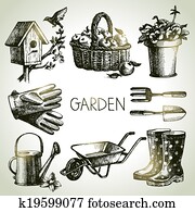 skizze, gartenarbeit, set., hand, gezeichnet, entwerfen elemente skizze, gartenarbeit, set., hand, gezeichnet, entwerfen elemente