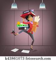 vector, hembra, empresa / negocio, carácter, en, caricatura, style., ocupado, multitáreas, oficina, manager., compañía, secretario, o, jefe, asistente personal