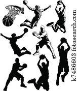 basquetebol, silhuetas, de, homens