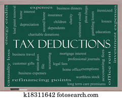 impôt, déductions, mot, nuage, concept, sur, a, tableau noir