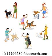 Isometric People Training Dog. Vector flat 3d illustration Isometric People Training Dog. Vector flat 3d illustration