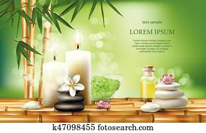 vecteur, illustration, pour, spa, traitements, à, aromatique, sel, ,, masage, oil,, candles. vecteur, illustration, pour, spa, traitements, à, aromatique, sel, ,, masage, oil,, candles.