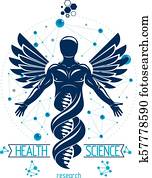 vector, grafisch, illustratie, van, sterke, mannelijke, depicted, als, dna, symbool, voortzetting, en, gecreëerde, met, wireframe, aansluitingen, en, vogel, wings., biomedical, techniek, concept.