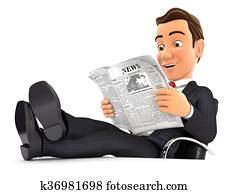 3d businessman reading newspaper with feet on desk 3d businessman reading newspaper with feet on desk