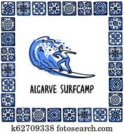 portugal, marcos, set., algarve, surfcamp., surfista, passeios, ligado, um, onda, em, quadro, de, português, azulejos, azulejo., handdrawn, esboço, estilo, vetorial, illustration., exellent, para, lembranças, ímãs, bandeira, poste, cartões