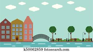 europeu, cidade velha, com, ponte, ligado, a, rio, e, parque, em, verão europeu, cidade velha, com, ponte, ligado, a, rio, e, parque, em, verão