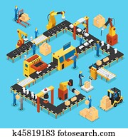 isometric, automatizado, linha produção, conceito