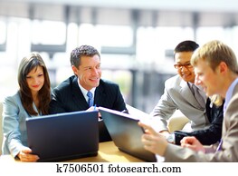 reunião negócio, -, gerente, discutir, trabalho, com, seu, colegas