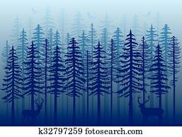 כחול, חורף, forest,, וקטור