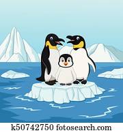 Cartoon happy penguin family standing on ice floe Cartoon happy penguin family standing on ice floe