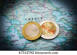 euromünzen, auf, a, landkarte, von, griechenland, (greek, finanziell, crisis)