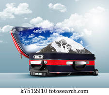 Red suitcase with snowy mountains inside Red suitcase with snowy mountains inside