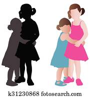 två, förtjusande, litet, kvinnor, krama