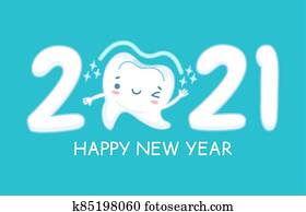 ראש שנה, teeth., שמח, חופשה, 2021, שנה, דגל, עם, מצחיק, בריא, לבן, tooth,, ילדים, dentistry,, גהות אוראלית, דאג, של השיניים, וקטור, מושג