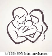 happy family stylized vector symbol, young parents and baby happy family stylized vector symbol, young parents and baby