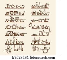 Kitchen utensils on shelves, sketch drawing for your design Kitchen utensils on shelves, sketch drawing for your design