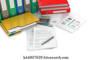 Office documents and folders on a white background. 3D illustration