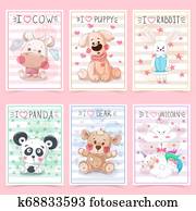 sett, teddy, animals., idé, for, hilsen, card.
