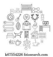 cozy, lar, ícones, jogo, esboço, estilo