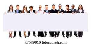 group of business people holding a banner ad isolated on white group of business people holding a banner ad isolated on white
