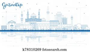 Outline Gaziantep Turkey City Skyline with Blue Buildings and Reflections. Outline Gaziantep Turkey City Skyline with Blue Buildings and Reflections.