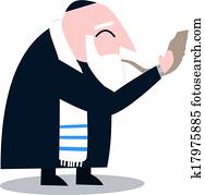 Rabbi With Talit Blows The Shofar Rabbi With Talit Blows The Shofar